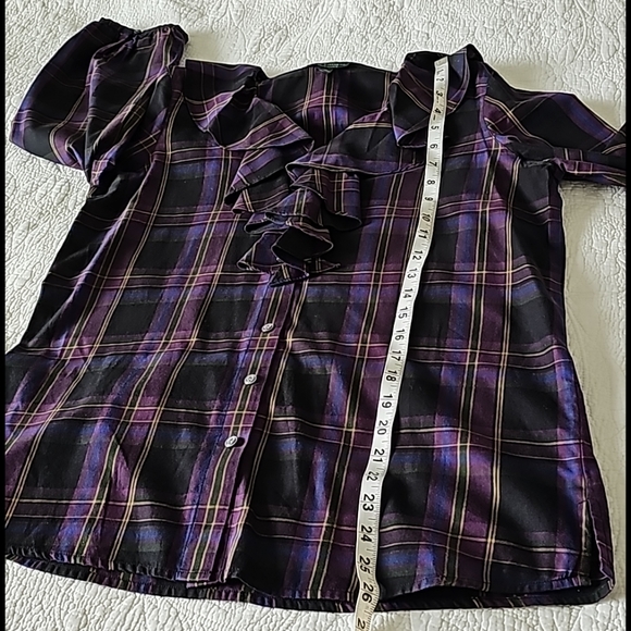 LRL Ruffled Trim Neckline Buttondown Plaid Blouse - Picture 11 of 15